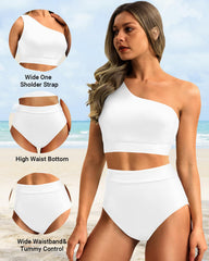 Women One Shoulder High Waisted Bikini Sets Two Piece Swimsuit Tummy Control-Pink