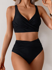 Women High Waisted Bikini Sets Solid Pleated 2 Piece Swimsuits Sexy Beach Sets with Removable Pads