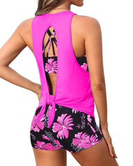 Women 3 Piece Scoop Neck Criss Cross Tankini Swimsuits