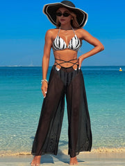 Women 3 Piece Bikini Sets with Mesh Cover Up Pants Halter Cheeky Thong Swimsuits Sexy Bathing Suits