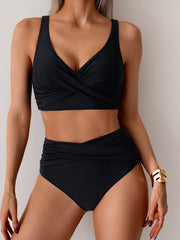 Women High Waisted Bikini Sets Solid Pleated 2 Piece Swimsuits Sexy Beach Sets with Removable Pads