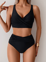 Women High Waisted Bikini Sets Solid Pleated 2 Piece Swimsuits Sexy Beach Sets with Removable Pads