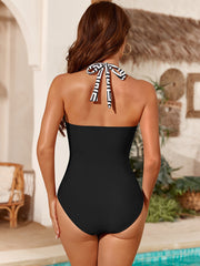 Women One Piece Swimsuit Leopard Splicing Halter V Neck Sexy Tummy Control Push Up Swimwear Back Tie Bathing Suit