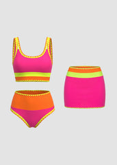 Women Color Contrast Patchwork Nylon Sporty 3 Piece Bikini Sets