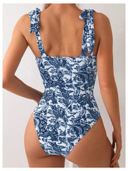 Women One Piece Swimsuits Tummy Control Bathing Suits V Neck Boho Tie Shoulder Ruched Full