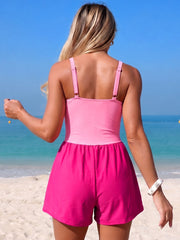 Women Swim Romper With Pocket Tummy Control One Piece Shorts Swimsuit