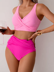 Women High Waisted Bikini Sets Solid Pleated 2 Piece Swimsuits Sexy Beach Sets with Removable Pads