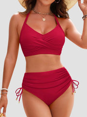 Women High Waisted Bikini Sets Drawstring Tummy Control Swimsuits Crisscross Tie Back Bathing Suit