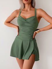 Women Twisted Ruched Swim Dress Slit Strap Tankini Swimsuit