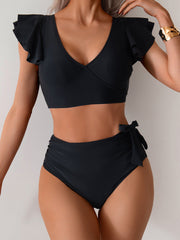 Women High Waisted Bathing Suits Tummy Control Two Piece Swimsuits Ruffle Bikini Sets Criss Cross Ruched Swimwear
