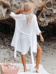 Women Black Solid Color Tie Sun Proof Belt Sexy V Neck Cover Up