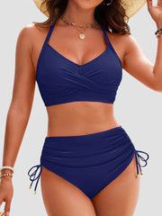 Women High Waisted Bikini Sets Drawstring Tummy Control Swimsuits Crisscross Tie Back Bathing Suit
