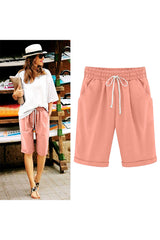 Women Elastic Waist Knee Length Casual Cotton Bermuda Shorts with Drawstring