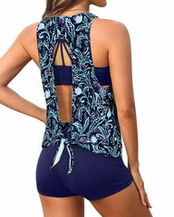 Women 3 Piece Scoop Neck Criss Cross Tankini Swimsuits