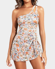 Women One Shoulder One Piece Swim Dress Tummy Control Swimsuit with Skirt