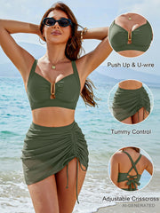 Women High Waisted Push Up Bikini Sets Mesh Tummy Control Swim Skirt