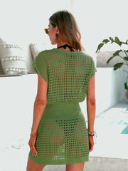 Women Bathing suit Swimwear Beach Crochet V Neck Button Cover Ups Dress
