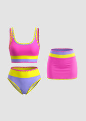 Women Color Contrast Patchwork Nylon Sporty 3 Piece Bikini Sets