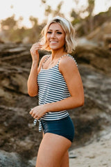 Women Striped Tie Front Blouson Two Piece Swimsuit Tankini