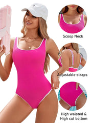 Women One Piece Swimsuit Sports Adjustable Strap Bathing Suit Color Block Ribbed High Cut Swimsuits