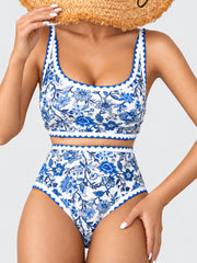 Women Bikini Sets Floral Print Whip Stitch 2 Piece Swimsuits High Waisted Scoop Bathing Suits