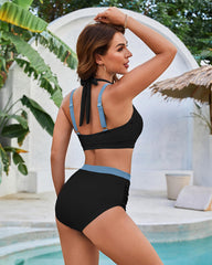 Women Stylish V Neck High Waist Ruched Color Block Bikini Set