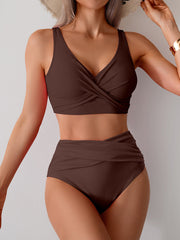 Women High Waisted Bikini Sets Solid Pleated 2 Piece Swimsuits Sexy Beach Sets with Removable Pads