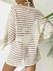 Women Crochet Knit Beach Cover Ups Dress Long Sleeve Hollow Out Sheer Swimsuit Coverups
