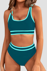 Women High Waisted Bikini Sets Sporty Two Piece Swimsuits Color Block Cheeky High Cut Bathing Suits