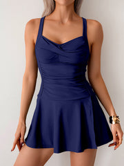 Women Twisted Ruched Swim Dress Slit Strap Tankini Swimsuit