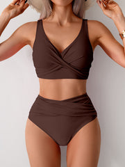 Women High Waisted Bikini Sets Solid Pleated 2 Piece Swimsuits Sexy Beach Sets with Removable Pads