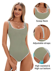 Women One Piece Swimsuit Sports Adjustable Strap Bathing Suit Color Block Ribbed High Cut Swimsuits