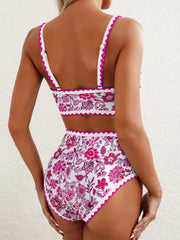Women Bikini Sets Floral Print Whip Stitch 2 Piece Swimsuits High Waisted Scoop Bathing Suits