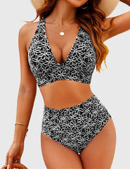 Women Embroidery Print High Waisted Bikini Sets V Neck Tummy Control Bathing Suit Two Piece Curvy Swimsuits