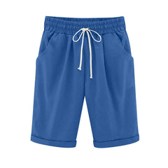 Women Elastic Waist Knee Length Casual Cotton Bermuda Shorts with Drawstring