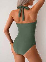 Women One Piece Swimsuit V Neck Halter Swimwear Twist Front Ruched Tummy Control Bathing Suit