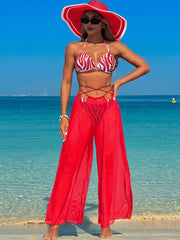 Women 3 Piece Bikini Sets with Mesh Cover Up Pants Halter Cheeky Thong Swimsuits Sexy Bathing Suits