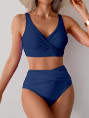 Women High Waisted Bikini Sets Solid Pleated 2 Piece Swimsuits Sexy Beach Sets with Removable Pads