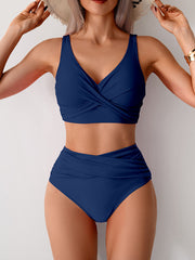 Women High Waisted Bikini Sets Solid Pleated 2 Piece Swimsuits Sexy Beach Sets with Removable Pads