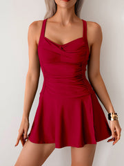 Women Twisted Ruched Swim Dress Slit Strap Tankini Swimsuit