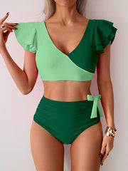 Women High Waisted Bathing Suits Tummy Control Two Piece Swimsuits Ruffle Bikini Sets Criss Cross Ruched Swimwear