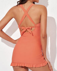 Women Deep V Cross Back Ruched One Piece Swimdress Tummy Control Bathing Suits