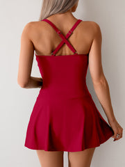 Women Twisted Ruched Swim Dress Slit Strap Tankini Swimsuit