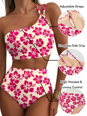 Women High Waisted Bikini Sets One Shoulder Floral Print Swimsuits 2 Piece Tummy Control Bathing Suits