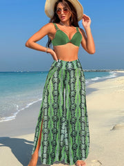 Women 3 Piece Bikini Cover Up Pants Beach Swimsuit Sheer High Waisted Split Loose Wide Leg Trousers