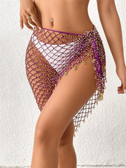 Women Two Ways Bead Inlay Knit Shawl Cover Up Mesh Beach Skirt
