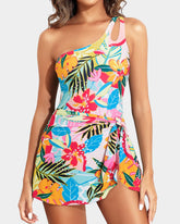 Women One Shoulder One Piece Swim Dress Tummy Control Swimsuit with Skirt
