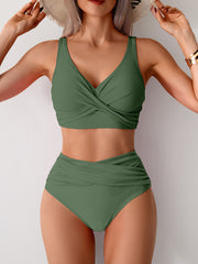 Women High Waisted Bikini Sets Solid Pleated 2 Piece Swimsuits Sexy Beach Sets with Removable Pads