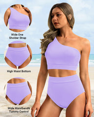 Women One Shoulder High Waisted Bikini Sets Two Piece Swimsuit Tummy Control-Pink