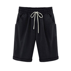 Women Elastic Waist Knee Length Casual Cotton Bermuda Shorts with Drawstring